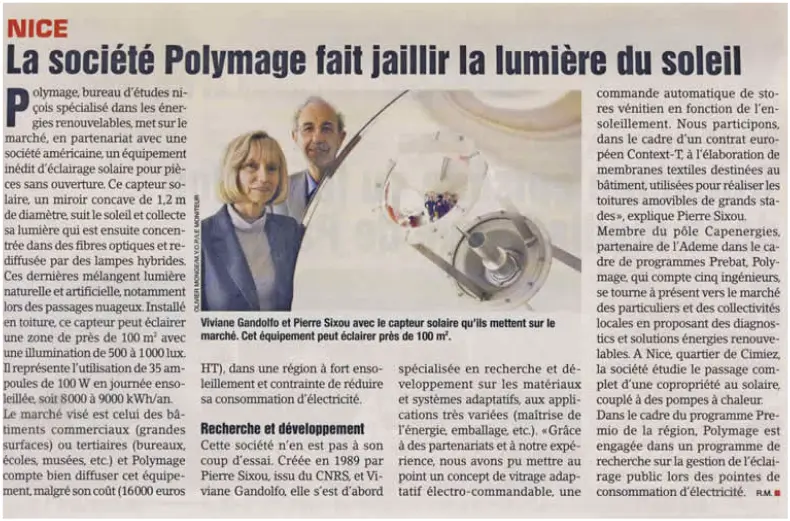 Coupure de presse : La société Polymage fait jaillir la lumière du soleil